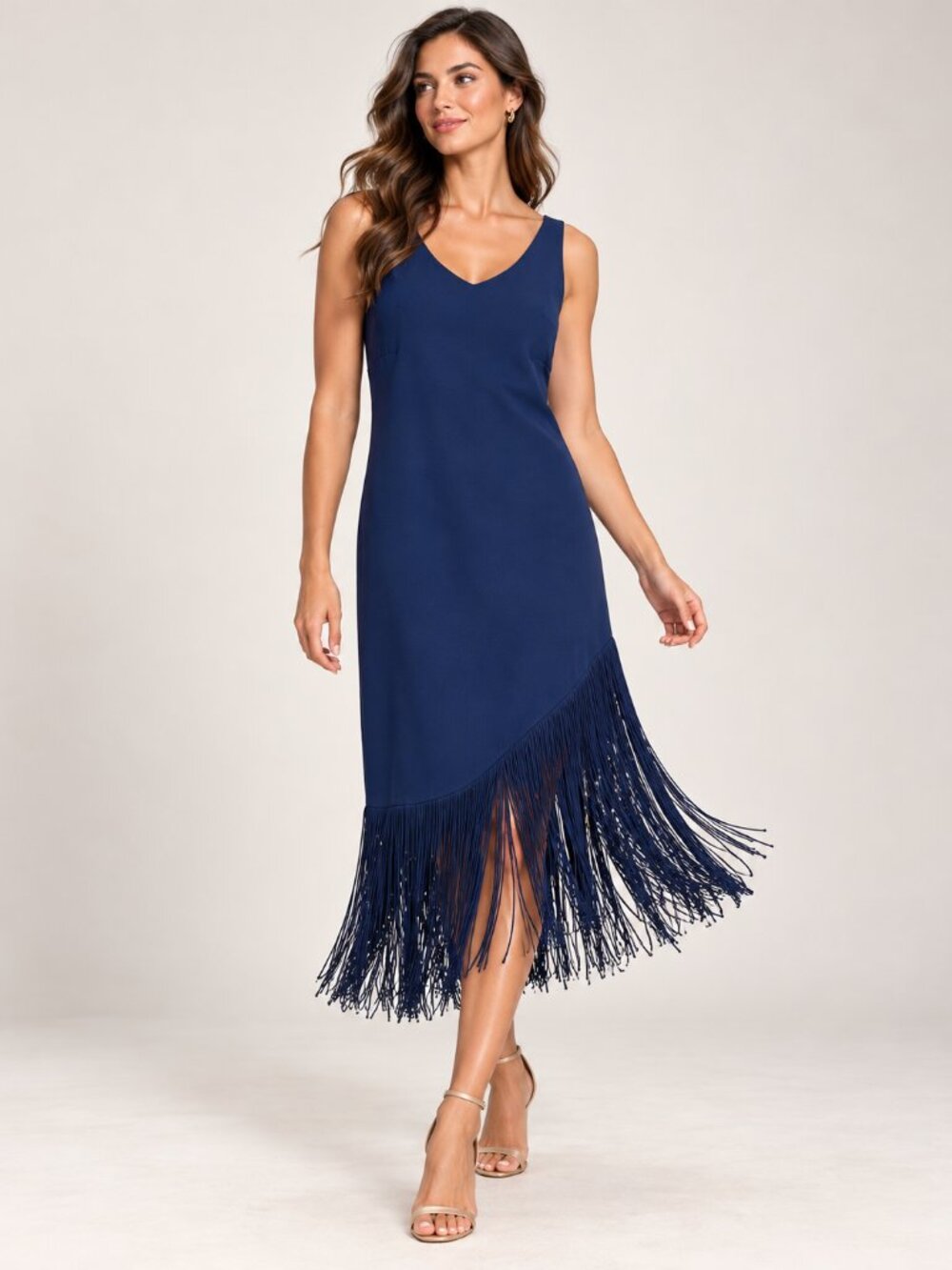Trina Turk Alena Navy Blue Asymmetrical Fringe Sheath Dress Size 4